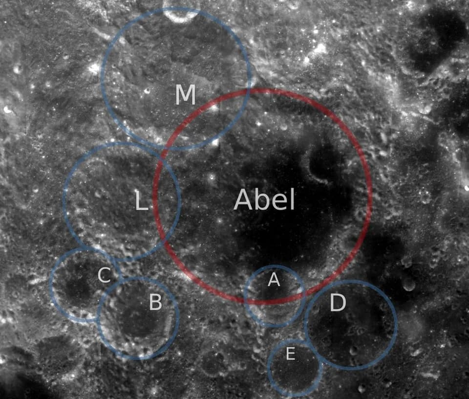 Niels Henrik Abel - Abel crater and satellite craters A-E + L-M in the southern hemisphere on the right rim of the Moon. Cropped and annotated version (by uploader) of computer generated image by PDS