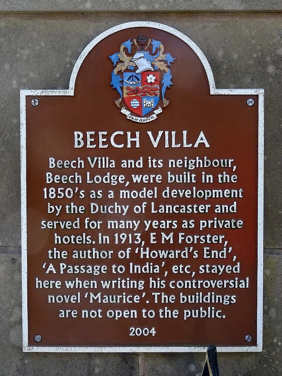 E. M. Forster - Brown plaque erected in 2004 by Harrogate Borough Council at Beech Villa, 1 Esplanade, Harrogate, North Yorkshire HG2 0LN. In the 1860s and 1870s, this was the studio of artist Thomas