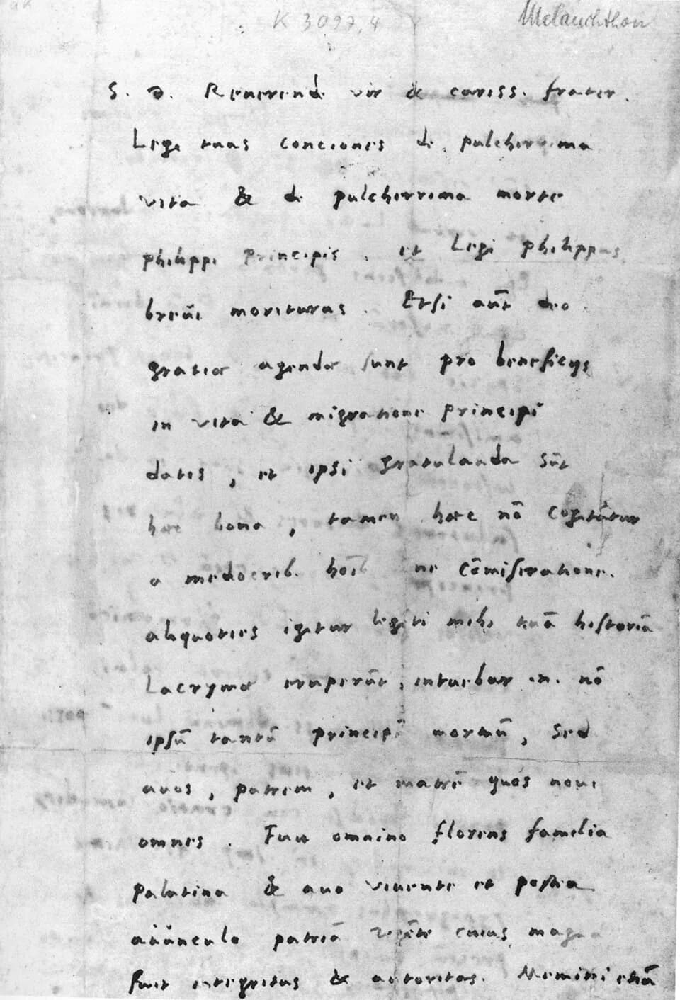 Philipp Melanchthon - Erste Textseite des lateinischen Briefs Philipp Melanchthons aus Wittenberg (14. April 1560, fünf Tage vor seinem Tod), an den pommerschen Superintendenten Jakob Runge
Badische
