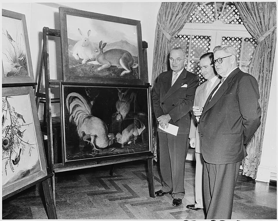 John James Audubon - Photograph of President Truman at the White House accepting ten paintings by John J. Audubon, a gift to the United... - NARA - 200330.jpg