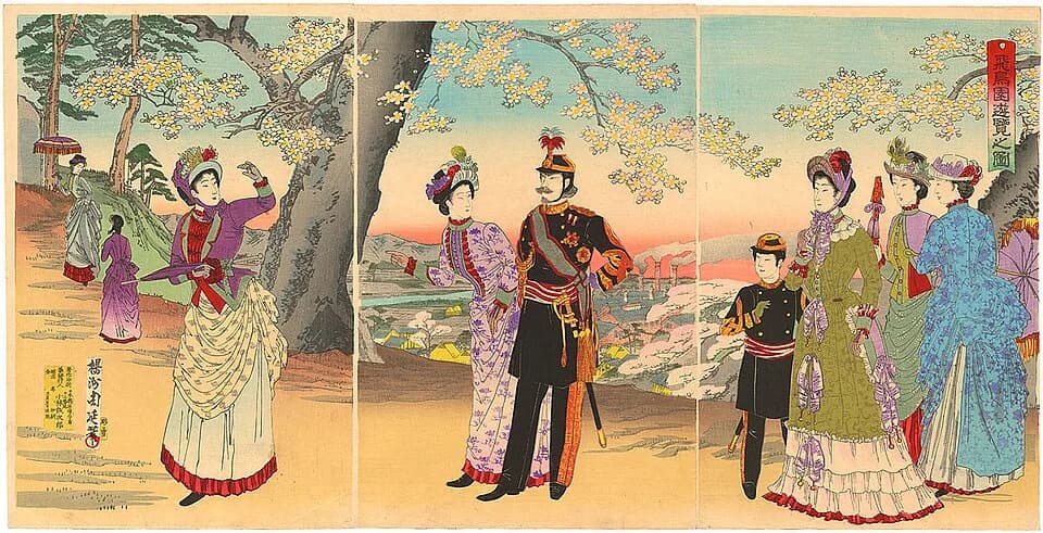 Emperor Taishō - The Emperor, Empress, Crown Prince and court ladies on an outing to Asuka Park