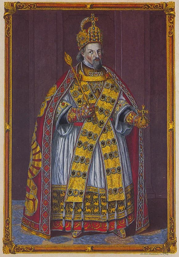 Sigismund Sigismund - Emperor Sigismund with the coronation insignias of the Holy Roman Empire Coloured copperplate engraving (36.3 x 25.2 cm) by Johann Adam Delsenbach (1687-1765), from the book "Wah