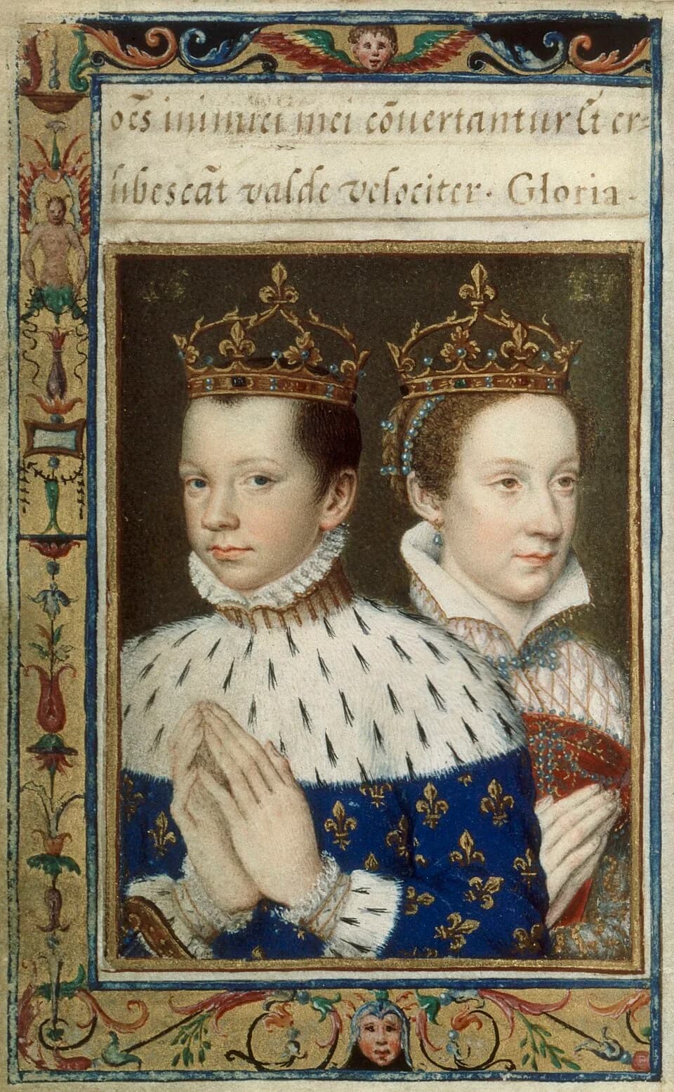 Francis II of France - Francis II, King of France, and his wife, Mary Stuart, Queen of France and Scotland. Miniature taken by Catherine de' Medici's Book of Hours, BnF, NAL 83, folio 154 v.
