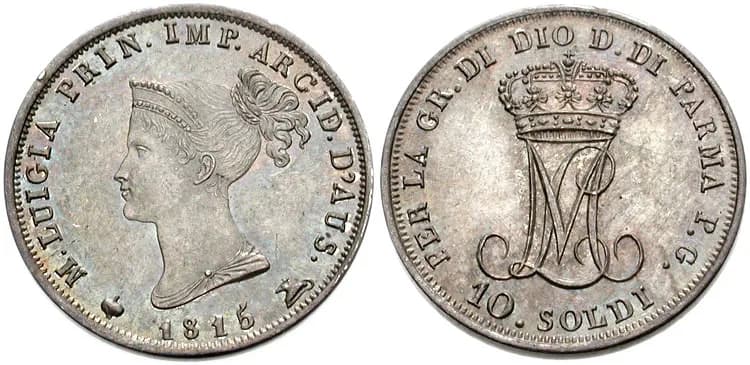 Marie Louise, Duchess of Parma - Italia, Parma. Maria Luigia. 1815-1847.
AR 10 Soldi (18mm, 2.49 g, 6h). Dated 1815.
Draped bust left, wearing tiara; 1815 below bust
Crowned script ML monogram; valu