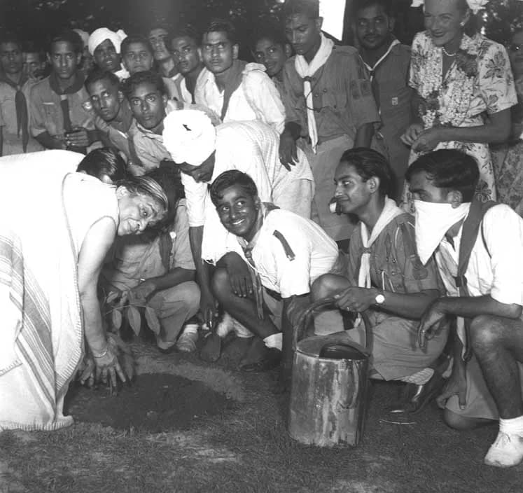 Sarojini Naidu - Sarojini Naidu plants a tree in Mehrauli, Delhi on July 23, 1947, during the Plantation Week opened on July 20.