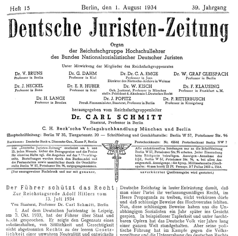 Carl Schmitt - Header of: Carl Schmitt, „Der Führer schützt das Recht“ Carl Schmitt, Der Führer schützt das Recht, in: Deutsche Juristen-Zeitung 1934, 945.