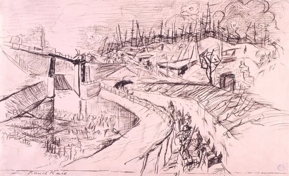 Max Beckmann - (Le Coude du canal) Sur le front à Ypres pendant la Première Guerre mondiale.Plume, encre noire et crayon sur papier vélin24,7 x 39,7 cm