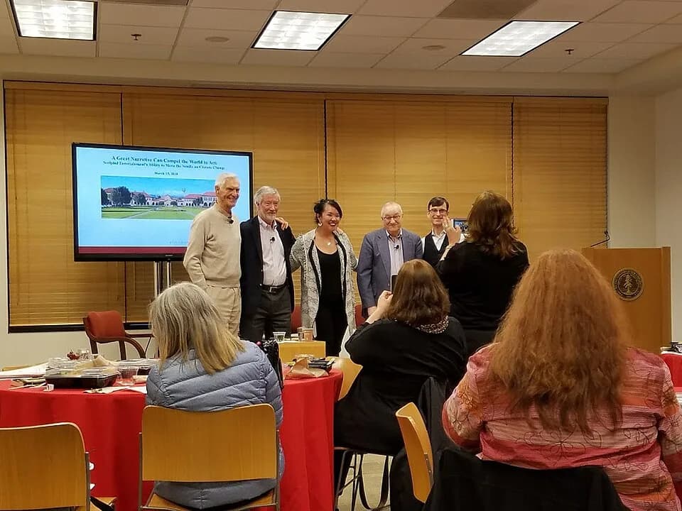 Albert Bandura - Sonny Fox (left), Bill Ryerson (2nd left) and Albert Bandura (2nd right) speaking at a Stanford Conference about Entertainment-Education, the method pioneered by Miguel Sabido and bas