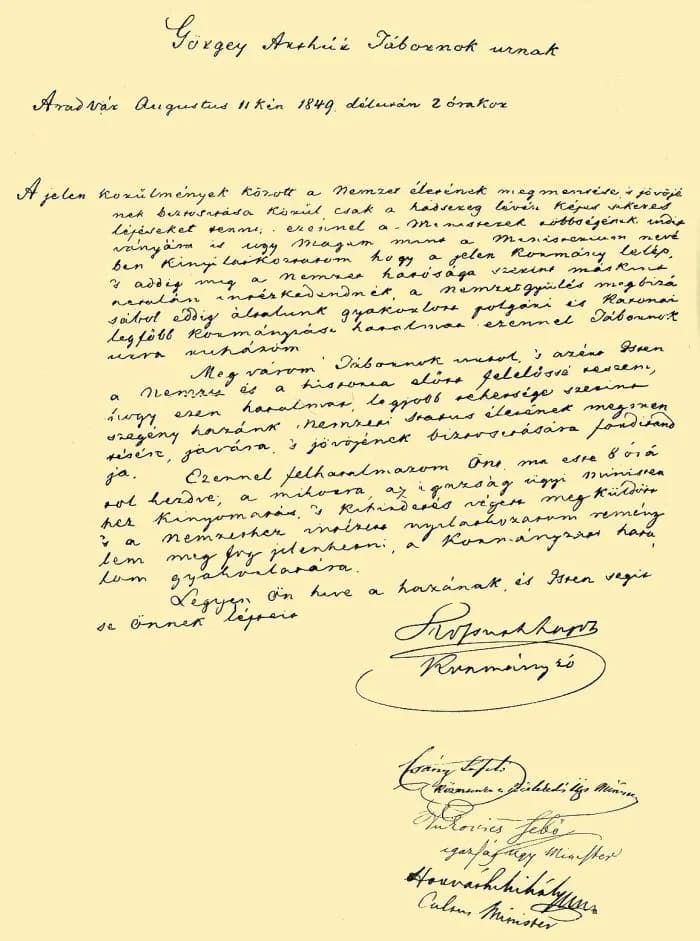 Lajos Kossuth - Kossuth Lajos levele Görgei Artúrhoz, amelyben lemond a kormányzóságról és a katonai és politikai hatalmat a tábornokra ruházza (1849. augusztus 11.)