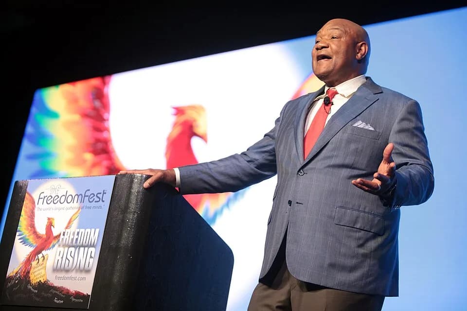 George Foreman - George Foreman speaking at the 2016 FreedomFest at Planet Hollywood in Las Vegas, Nevada.
Please attribute to Gage Skidmore if used elsewhere.