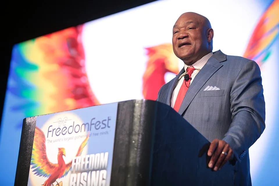George Foreman - George Foreman speaking at the 2016 FreedomFest at Planet Hollywood in Las Vegas, Nevada.
Please attribute to Gage Skidmore if used elsewhere.