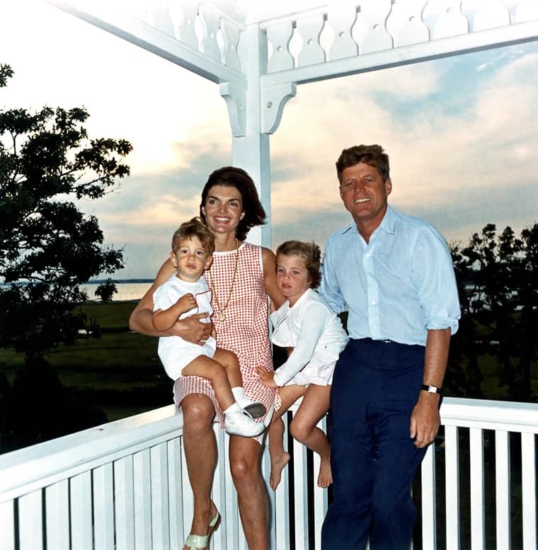 John F. Kennedy Jr. - President John F. Kennedy, First Lady Jacqueline Kennedy, and their children John, Jr. and Caroline, at their summer house in Hyannis Port, Massachusetts.
