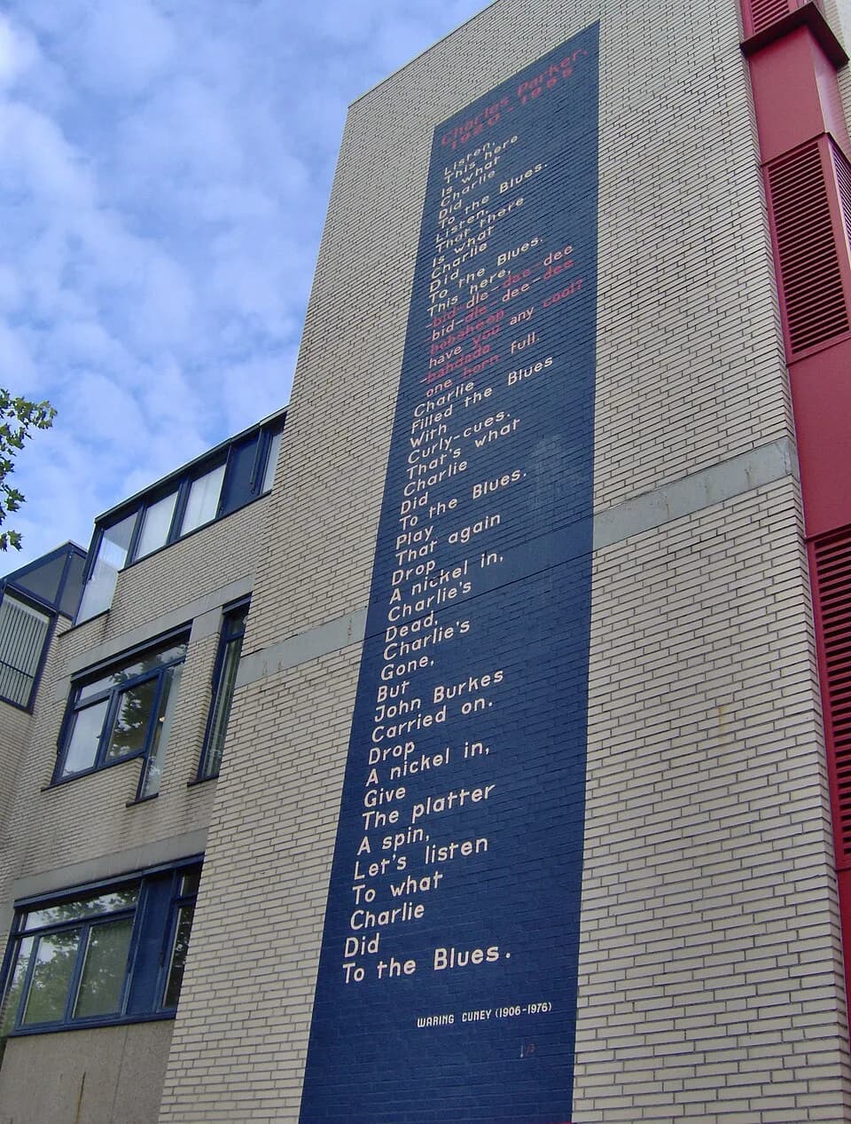 Charlie Parker - The poem Charles Parker, 1920-1955 of the American poet William Waring Cuney on a wall of the building at the Langegracht 72 in Leiden, The Netherlands