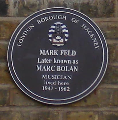 Marc Bolan - Plaque commemorating Marc Bolan's childhood home, 25 Stoke Newington Common, Hackney, London. 4 November 2005. Photographer: Fin Fahey.