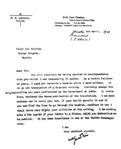 Leo Tolstoy - Letter of Gandhi to Tolstoy, Johannesburg, April 4th, 1910.