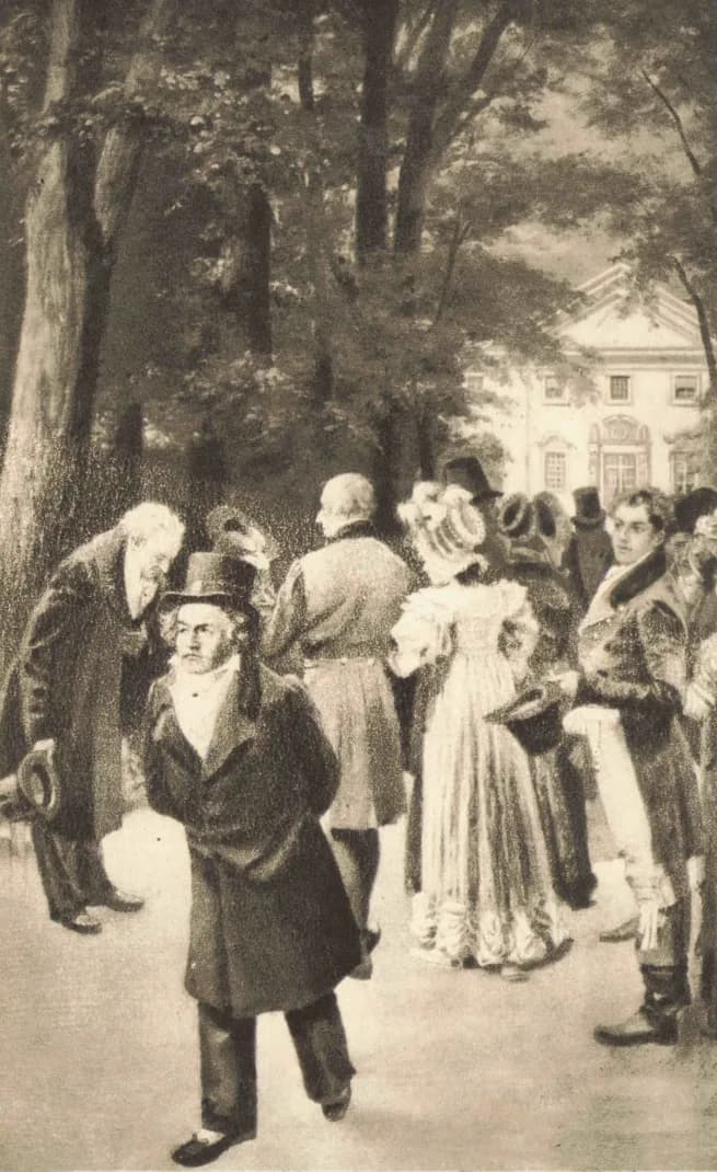 Ludwig van Beethoven - « The Incident at Teplitz » as depicted by Carl Rohling (Beethoven and Goethe meeting the imperial family, July 1812)