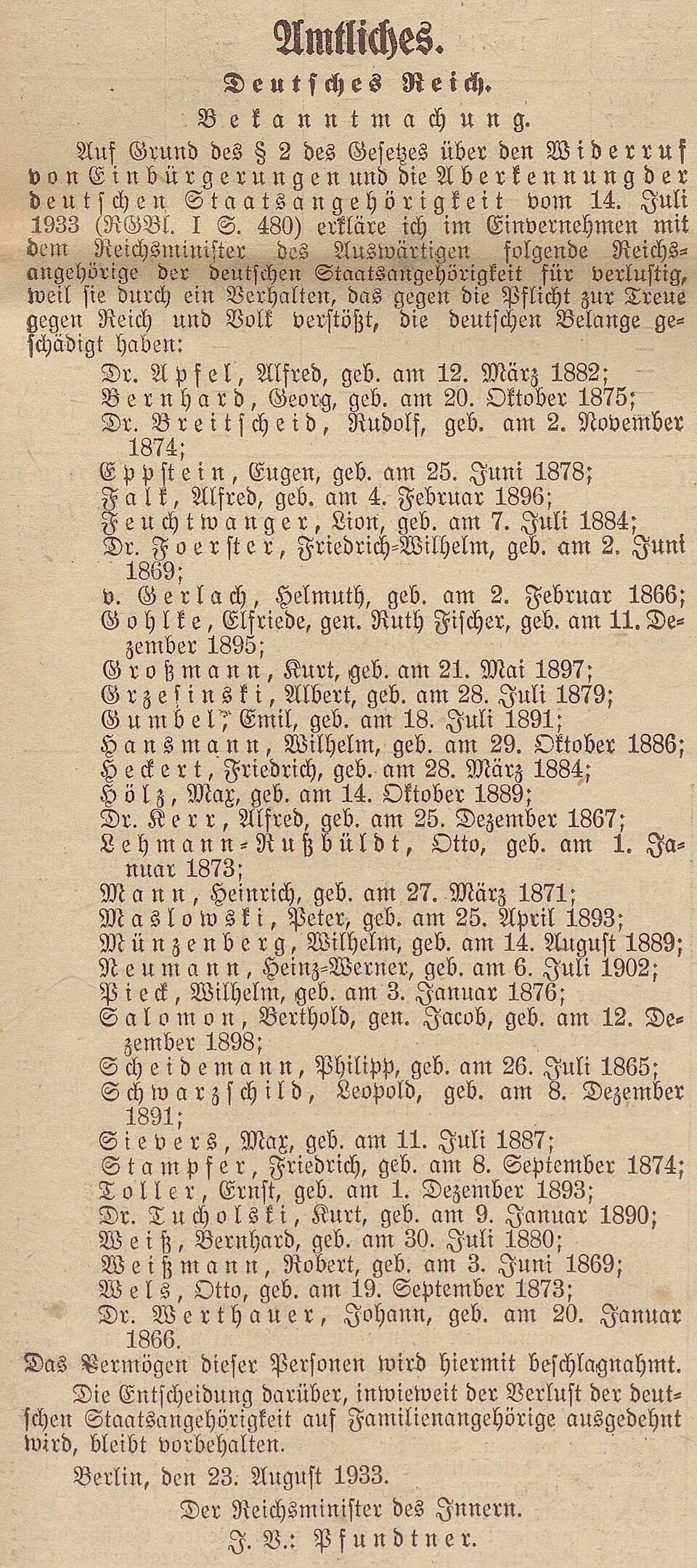 Lion Feuchtwanger - Erste Ausbürgerungsliste des Deutschen Reiches vom 25. August 1933