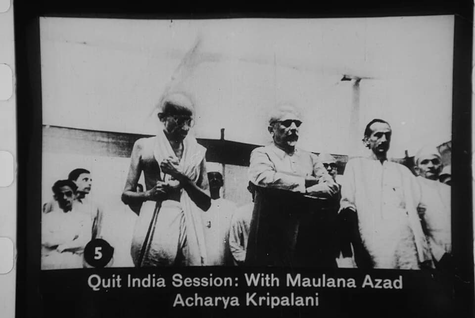 Abul Kalam Azad - Gandhi with Maulana Azad and Acharya Kripalani at the Quit India Session, August 1942.