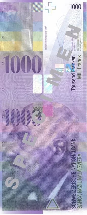 Jacob Burckhardt - Front of the 1000 Swiss Francs banknote. Part of the 8th series of Swiss Bank notes, issued in 1996.