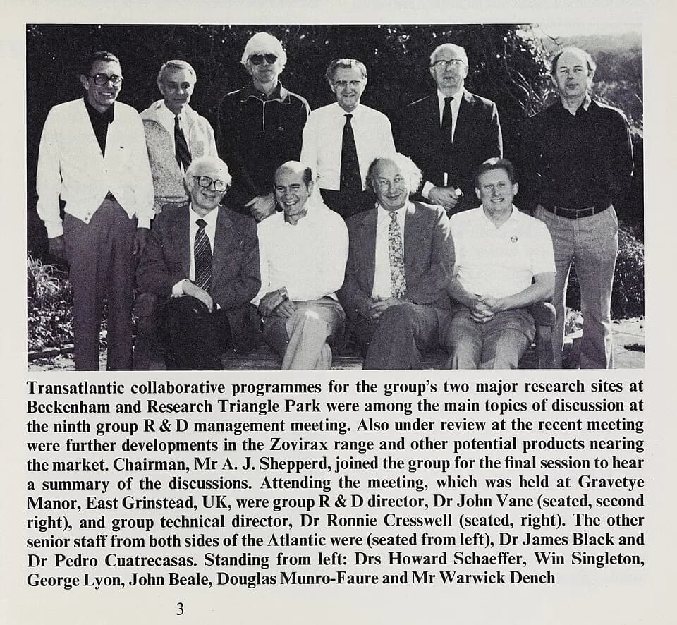 James Black - Group portrait of R and D Management Group in Foundation News, house journal of The Wellcome Foundation Ltd.
Accompanying photography for article "Zovirax given go ahead on two new front