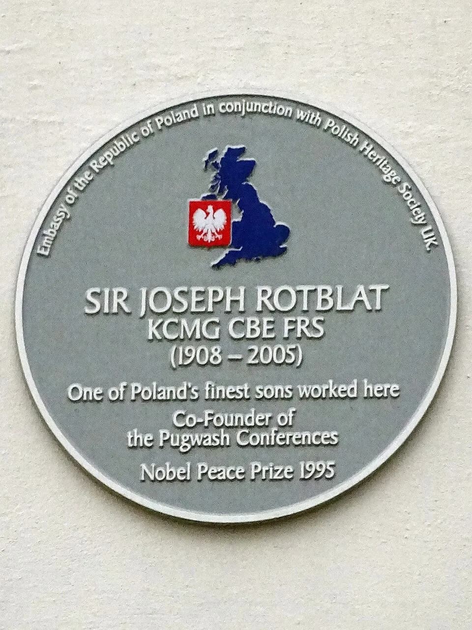 Joseph Rotblat - Grey plaque erected by Embassy of the Republic of Poland in conjunction with Polish Heritage Society at 65 Great Russell Street Holborn London WC1B 3BL on 6th November 2017