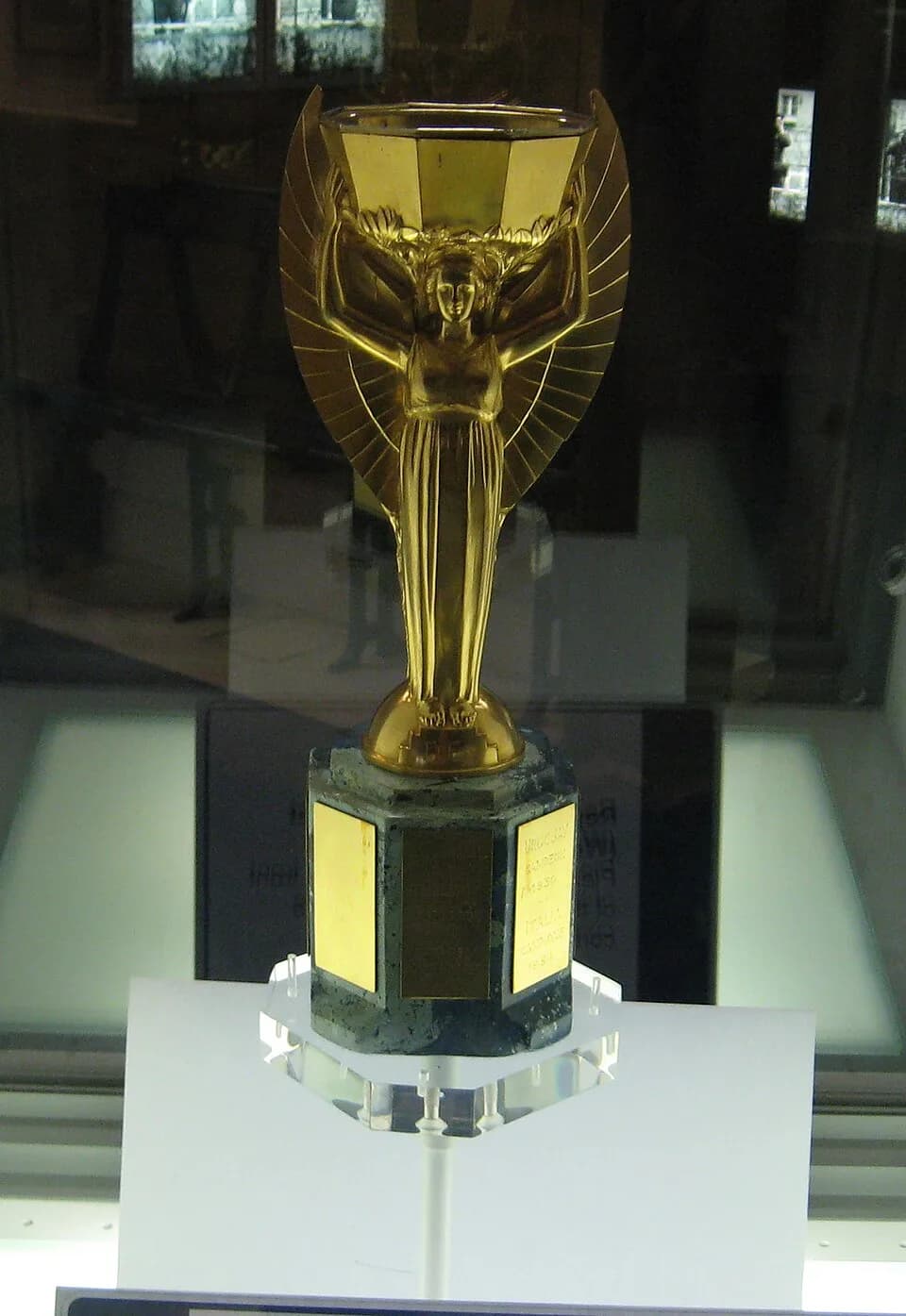 Jules Rimet - Replica of the Jules Rimet trophy awarded to the winners of football's World Cup between 1930 and 1970, displayed at the National Football Museum, Preston, UK. The original, designed by