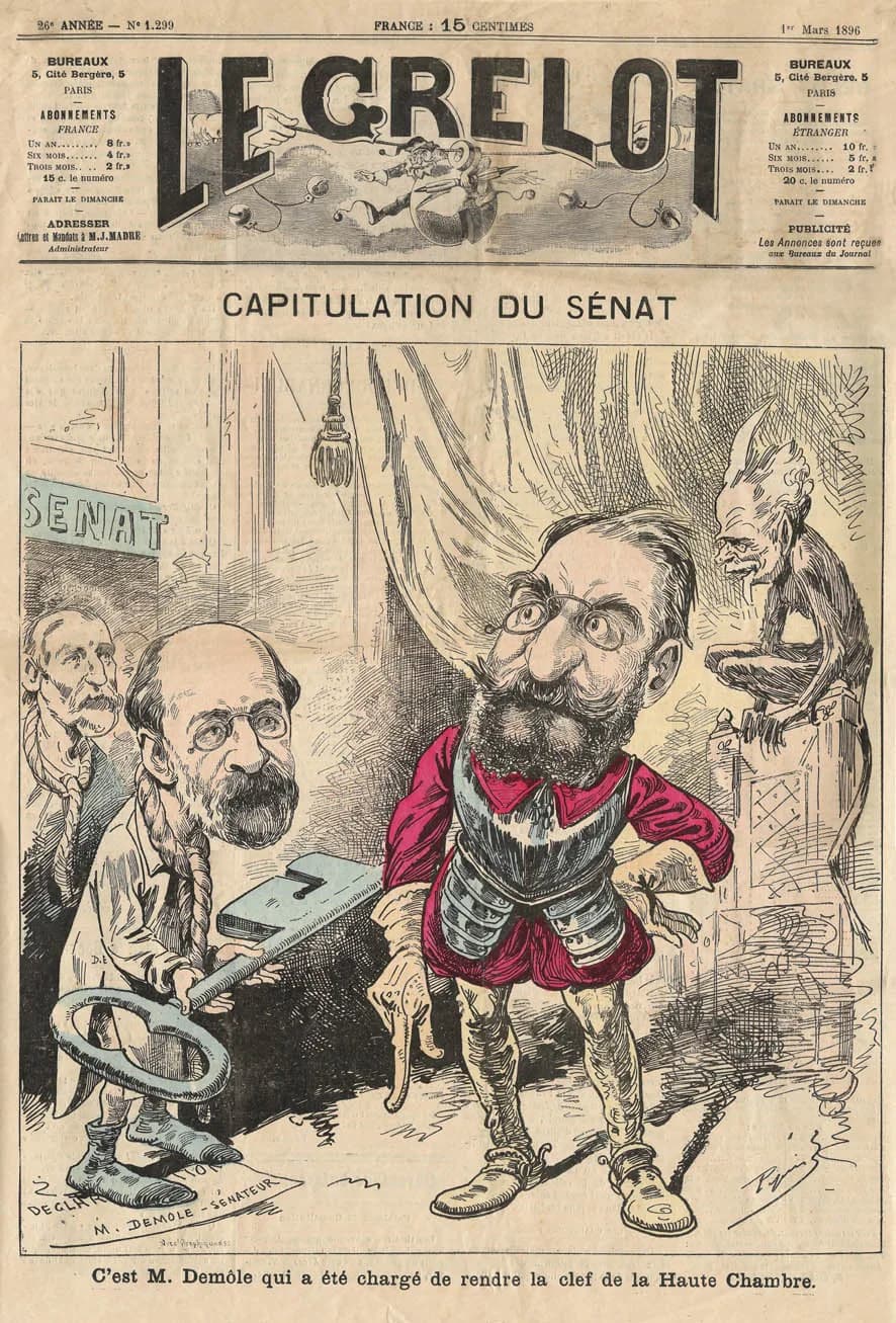 Léon Bourgeois - Caricature published on March 1, 1896 - Charles Demôle and Le Royer (?) present the key to the Senate to the head of the Government Léon Bourgeois (inspired by the Rodin sculpture Les