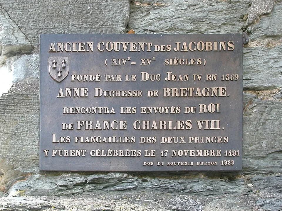 Anne of Brittany - Plaque commemorating the engagement between Anne of Brittany and Charles VIII of France in the Jacobins convent of Rennes