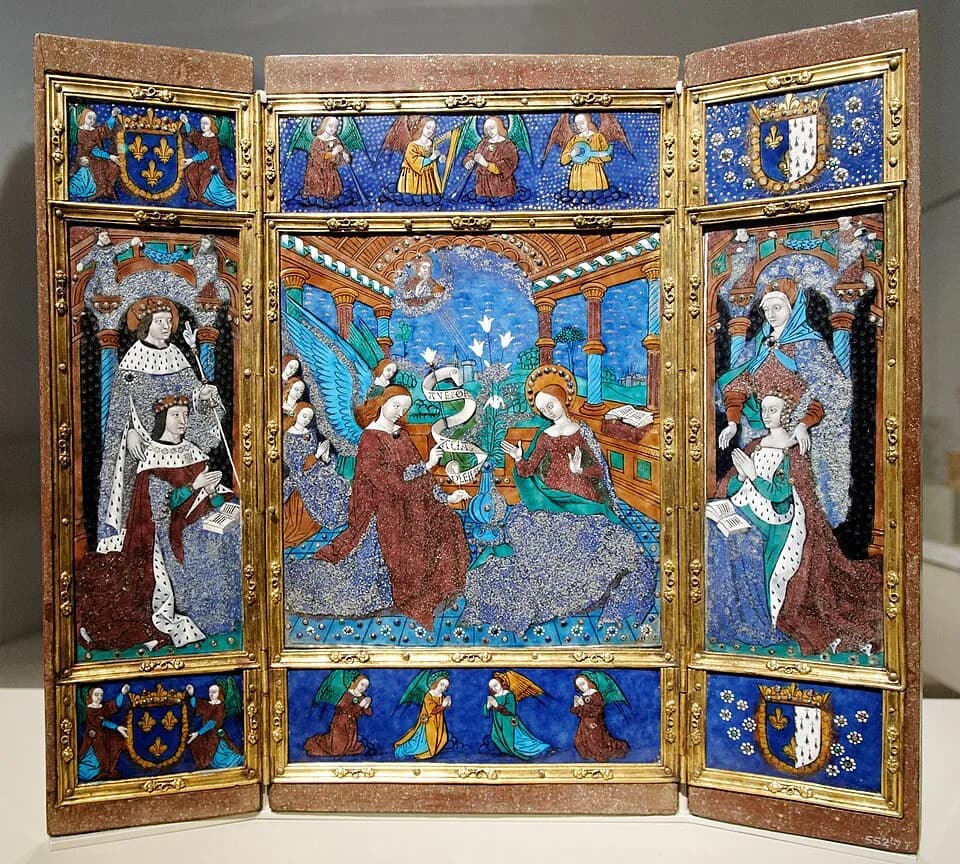 Anne of Brittany - Annunciation scene (central panel) with Louis XII of France (left panel) and Anne of Brittany (right panel), Limoges artwork.