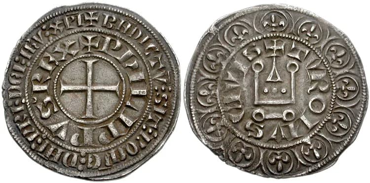Philip V of France - France, Royal. Philippe V, le Long (the Tall). 1316-1322.
AR Gros Tournois (27mm, 3.97 g, 8h). Struck 1318.
+PhILIPPVS REX ( crescent after S), cross pattée /
Châtel tournois wi