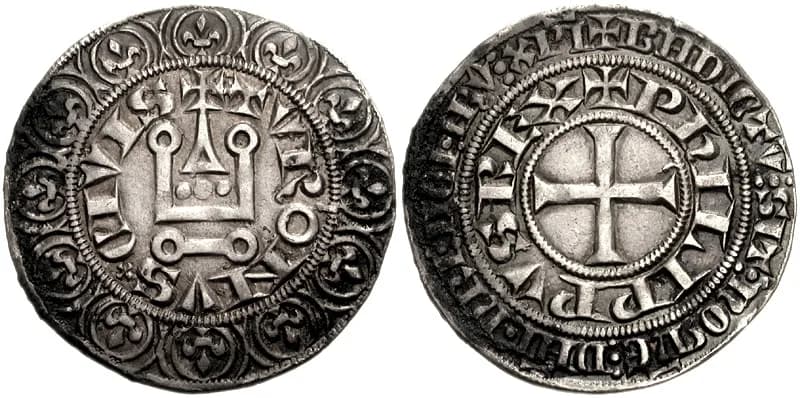 Philip V of France - France. Philippe V de France (1316-1322).
AR Gros Tournois (27mm, 3.95 g).
+PhILIPPVS + REX, short cross
TVRONVS + CIVIS, castle within border of twelve lis.
Duplessy 238; DeMe