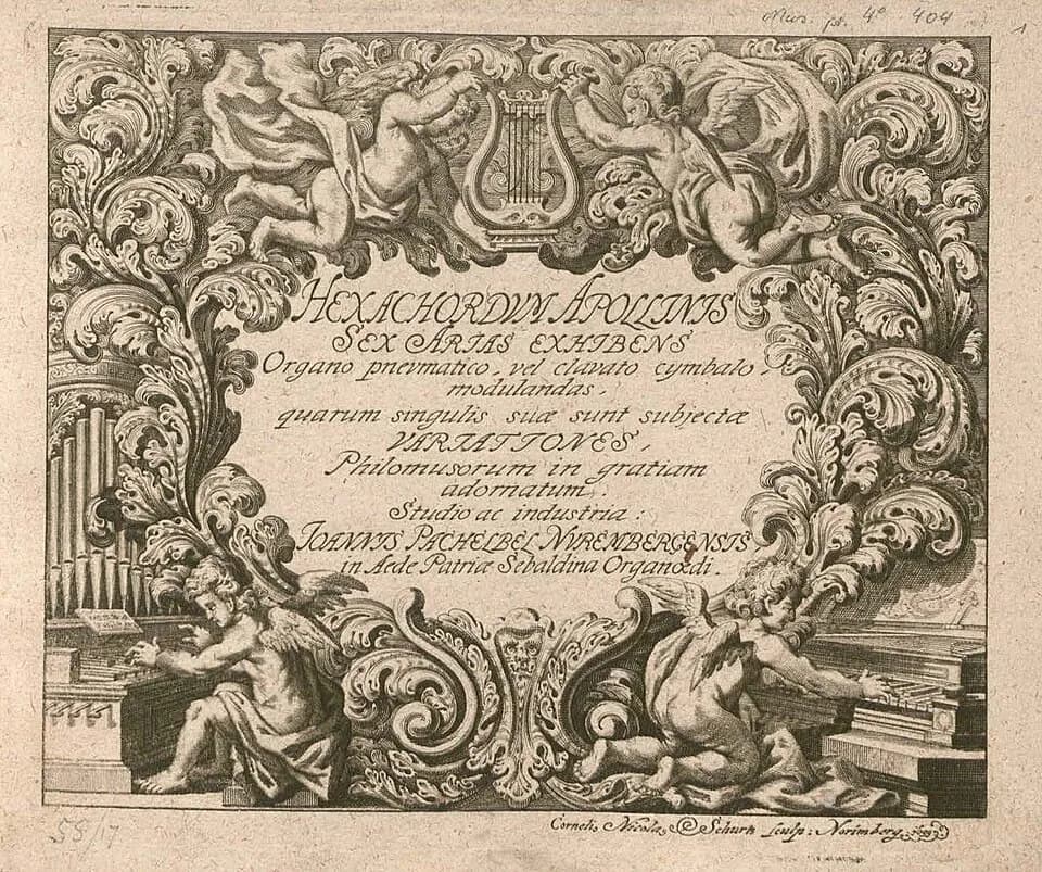 Johann Pachelbel - Facsimile of the frontispiece of Hexachordum Apollinis, a keyboard music collection by Johann Pachelbel (1653-1706). The collection was published in 1699.