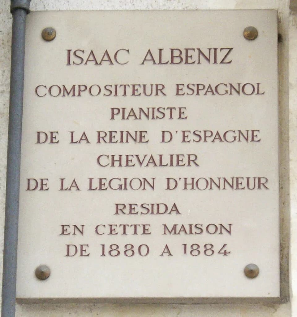Isaac Albéniz - Plaque commémorative, 52 rue La Fayette, Paris 9e.« Isaac Albeniz, compositeur espagnol, pianiste de la reine d'Espagne, chevalier de la Légion d'honneur, résida en cette maison de 188