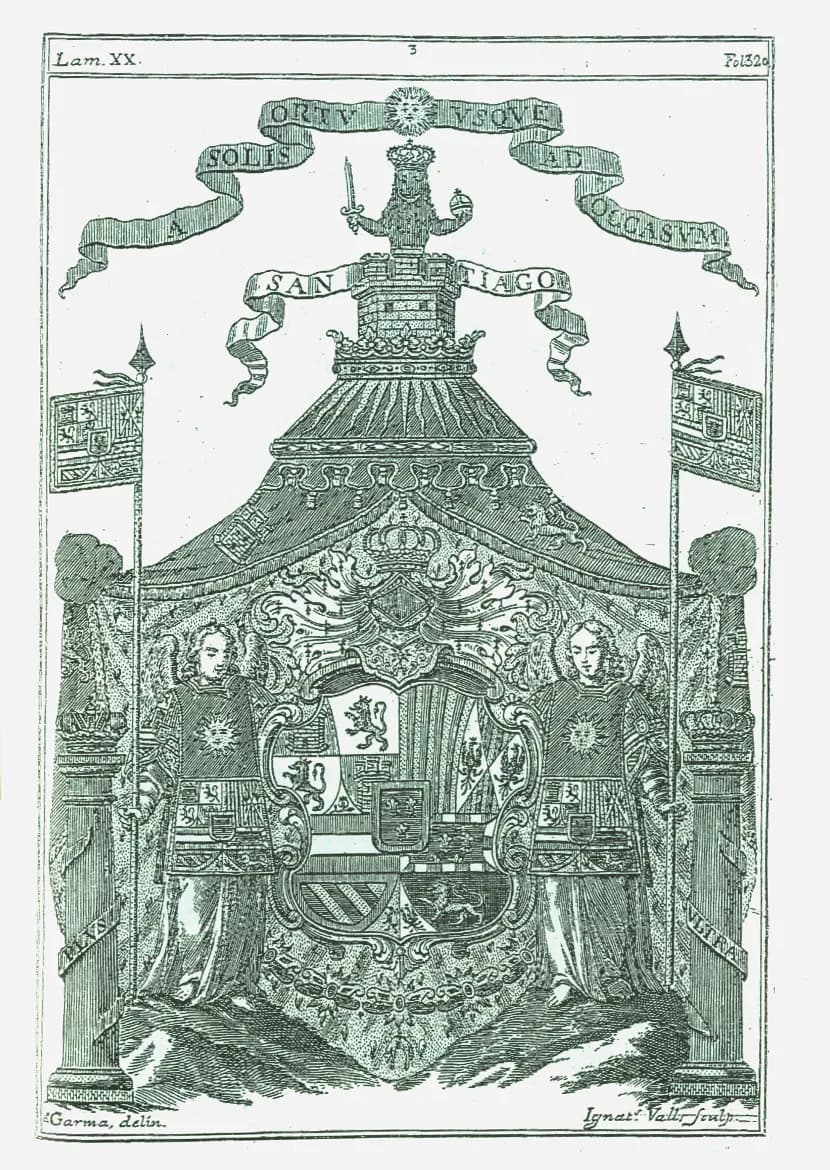 Louis I of Spain - Escudo grande de los Monarcas Católicos de España con todos los adornos exteriores (Desde Felipe V hasta Carlos III).