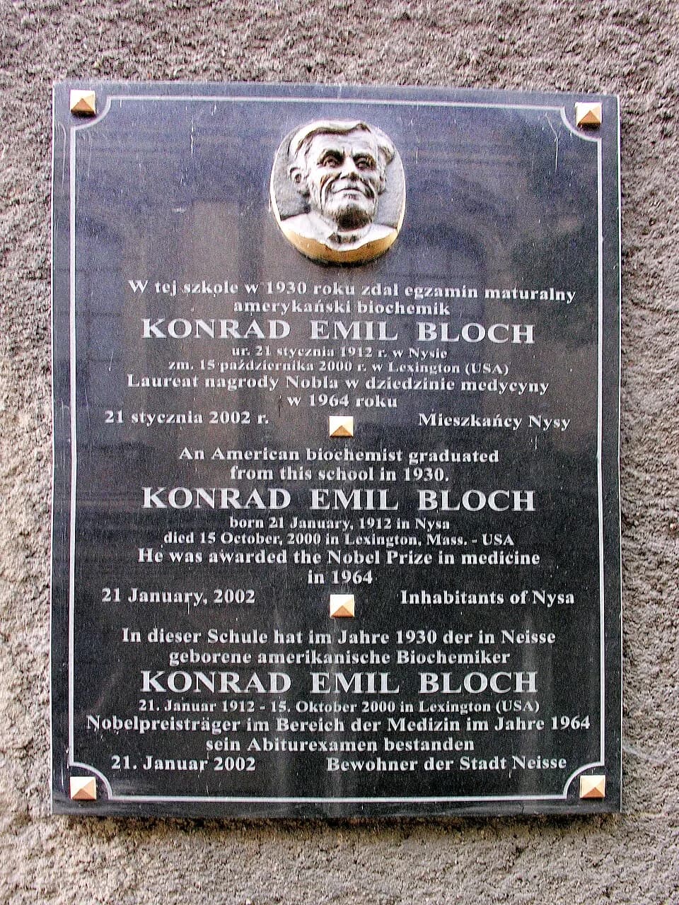 Konrad Emil Bloch - Tablica ku czci Konrada Blocha w Nysie