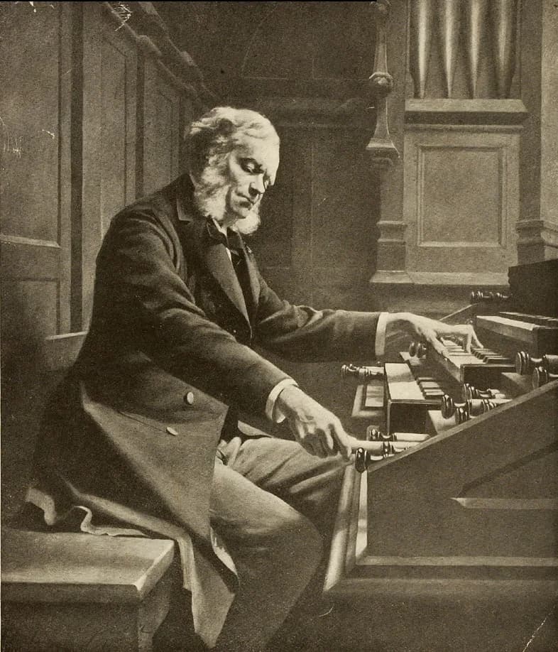 César Franck - Photo of Jeanne Rongier's 1888 painting César Franck at the console of the organ at St. Clotilde Basilica, Paris, 1888.
