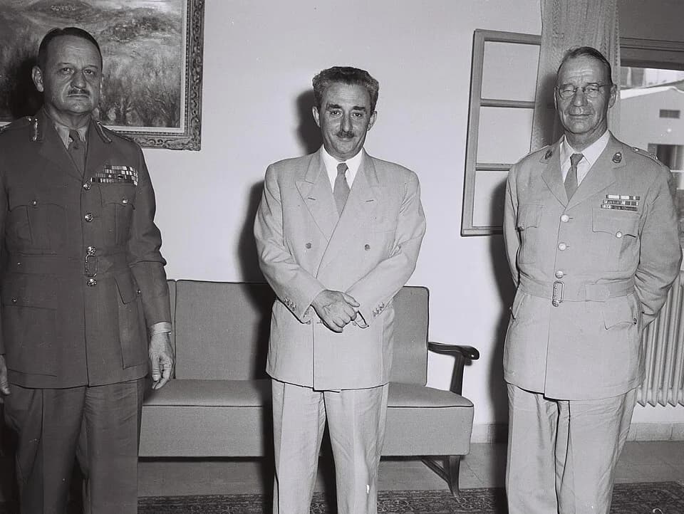 Moshe Sharett - Left to right, General E. L. M. Burns, UNTSO, Moshe Sharett, Israel' Prime Minister, General Vagn Bennike, UNTSO. 1954
