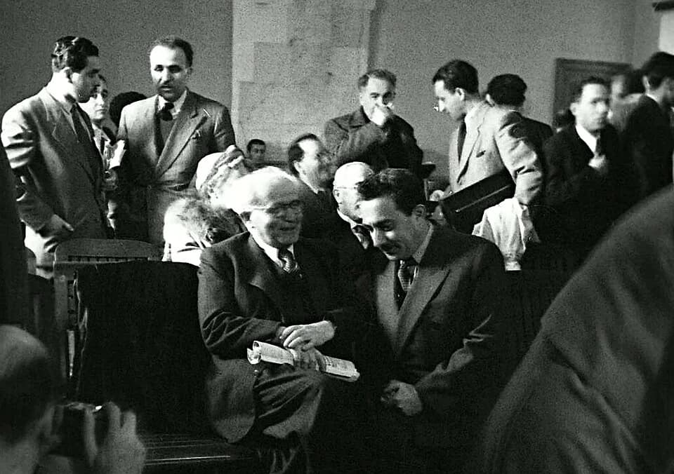 Moshe Sharett - David Ben-Gurion and Moshe Sharett testifying before the Anglo-American Committee of Inquiry in Jerusalem