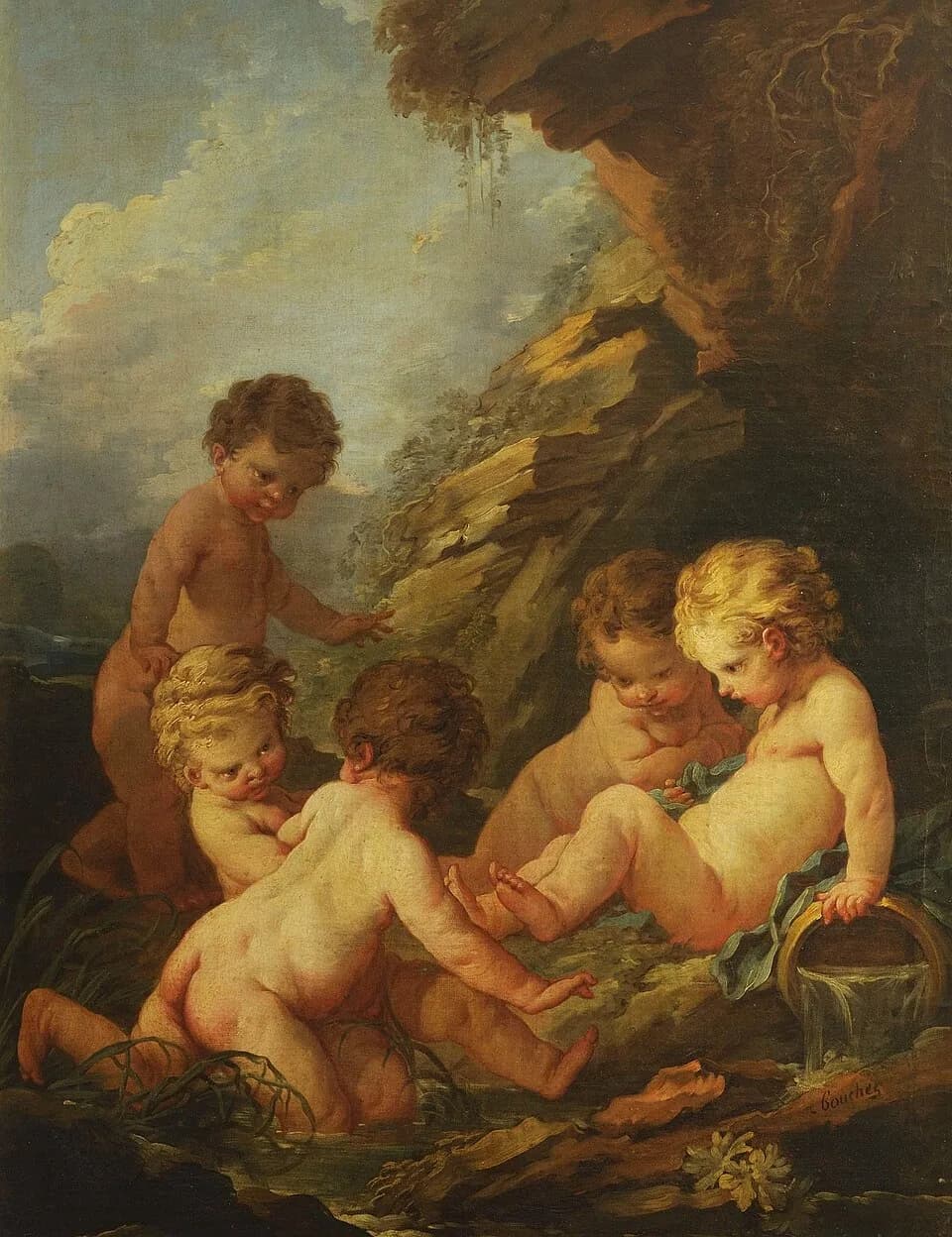 François Boucher - Five naked children playing by a rocky pool
