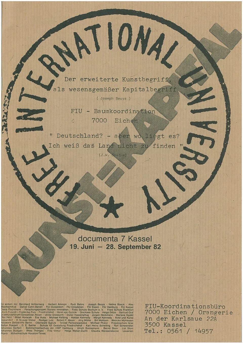 Joseph Beuys - documenta 7 Free International University Beuys Veranstaltungskalender Foto des Titelblatts