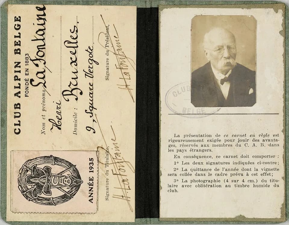 Henri La Fontaine - Membership card delivered to Henri La Fontaine by the Belgian Alpine Club for the year 1935