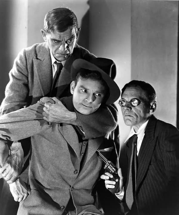 Boris Karloff - L. to R. : Boris Karloff, Ralph Byrd, and Skelton Knaggs in Dick Tracy Meets Gruesome (1947) - publicity still