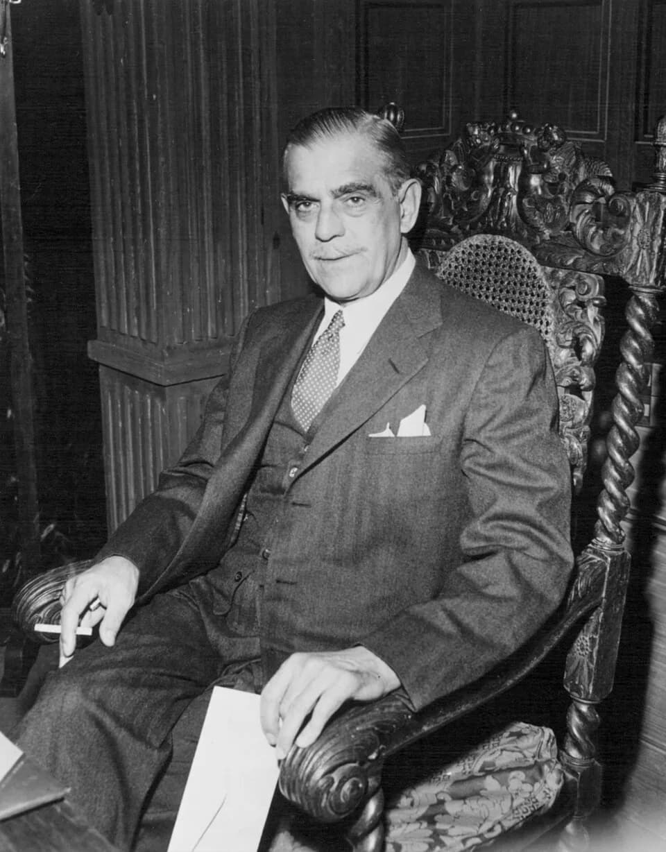Boris Karloff - Photo of Boris Karloff from the episode The Deadly Game of the television program Suspicion. Karloff plays a retired judge who takes in a traveler stranded by a snow storm. He and hi