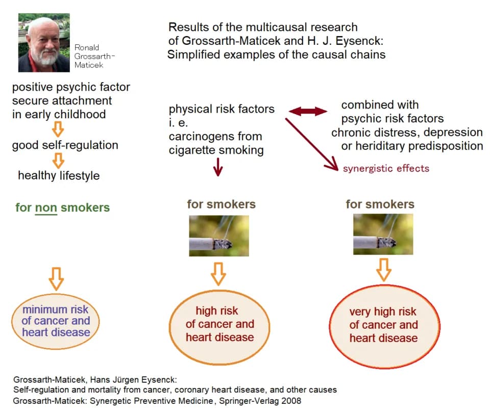 Hans Eysenck - Results of multicausal reseach: Simplified causal chains for health or cancer and heart disease.