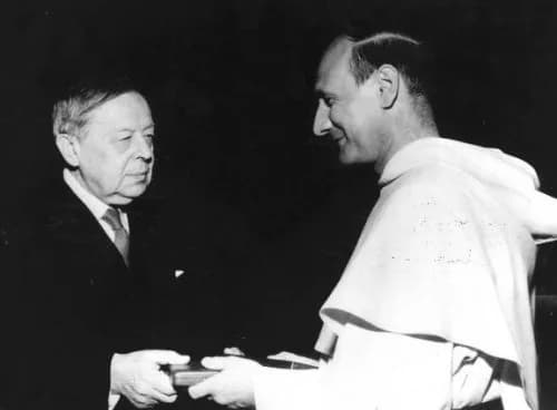Dominique Pire - Georges Pire receives the Nobel Prize for Peace 1958 from Gunnar Jahn, Chairman of the Nobel Committee, at the University of Oslo.