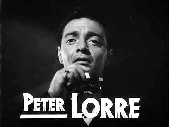 Peter Lorre - Frame from the 1941 public domain trailer for the Warner Bros. film The Maltese Falcon showing Peter Lorre with his name in type.