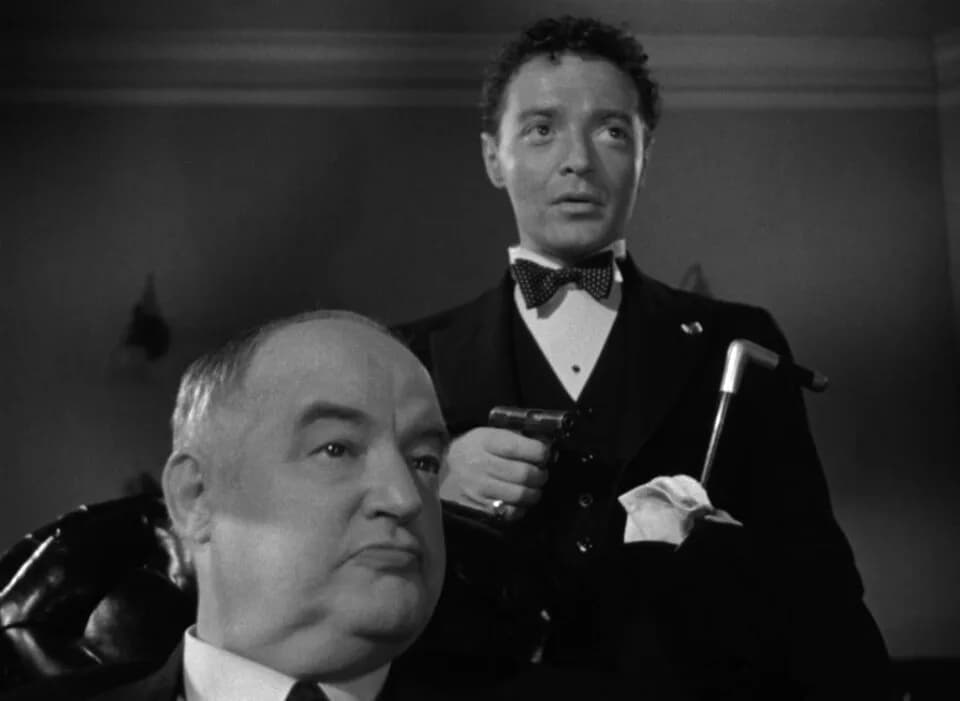 Peter Lorre - Frame from the 1941 public domain trailer for the Warner Bros. film The Maltese Falcon showing Sydney Greenstreet as Kasper Gutman and Peter Lorre as Joel Cairo.