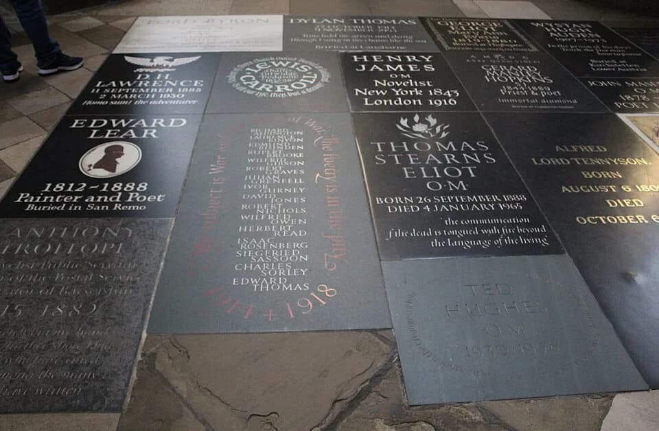 Richard Aldington - Memorial floorstones, in Poets' Corner, Westminister Abbey, London. Individuals recognised include DH Lawrence, Edward Lear, Lewis Carroll, Byron, Dylan Thomas, Henry James, TS Eli