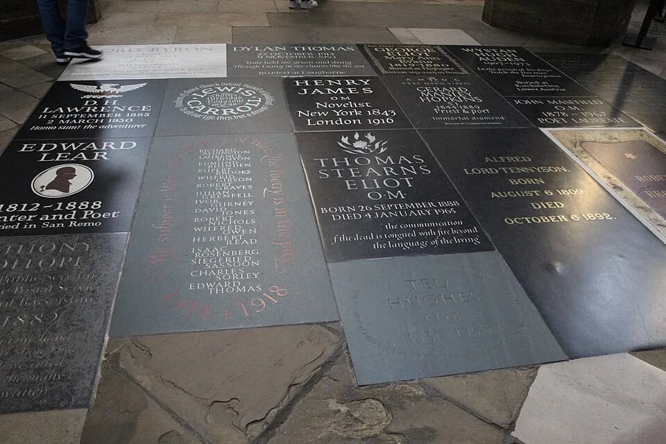 Richard Aldington - Memorial floorstones, in Poets' Corner, Westminister Abbey, London. Individuals recognised include DH Lawrence, Edward Lear, Lewis Carroll, Byron, Dylan Thomas, Henry James, TS Eli