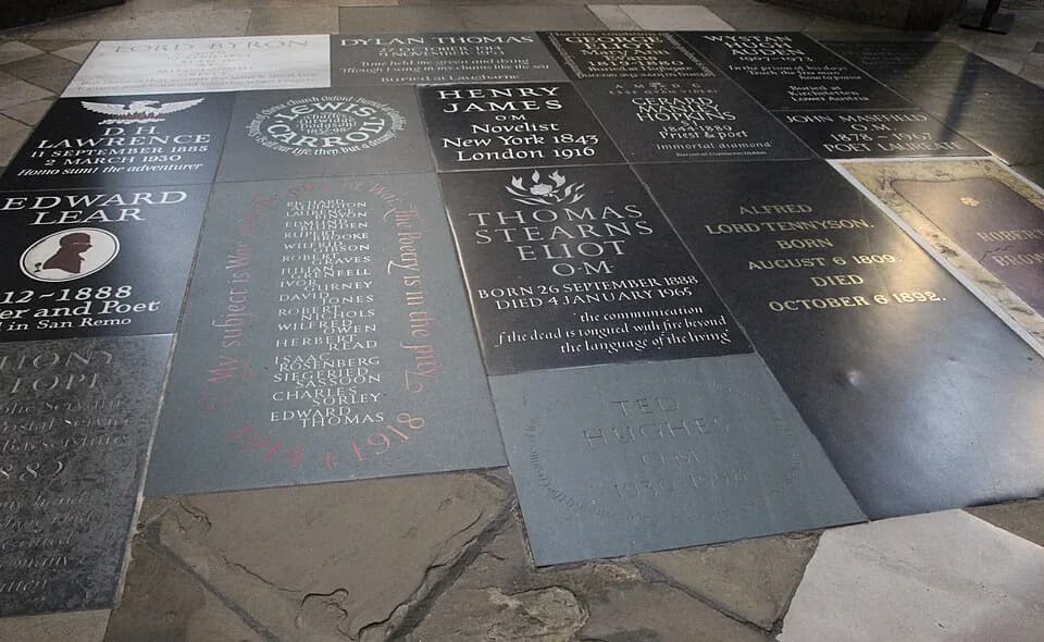 Richard Aldington - Memorial floorstones, in Poets' Corner, Westminister Abbey, London. Individuals recognised include DH Lawrence, Edward Lear, Lewis Carroll, Byron, Dylan Thomas, Henry James, TS Eli